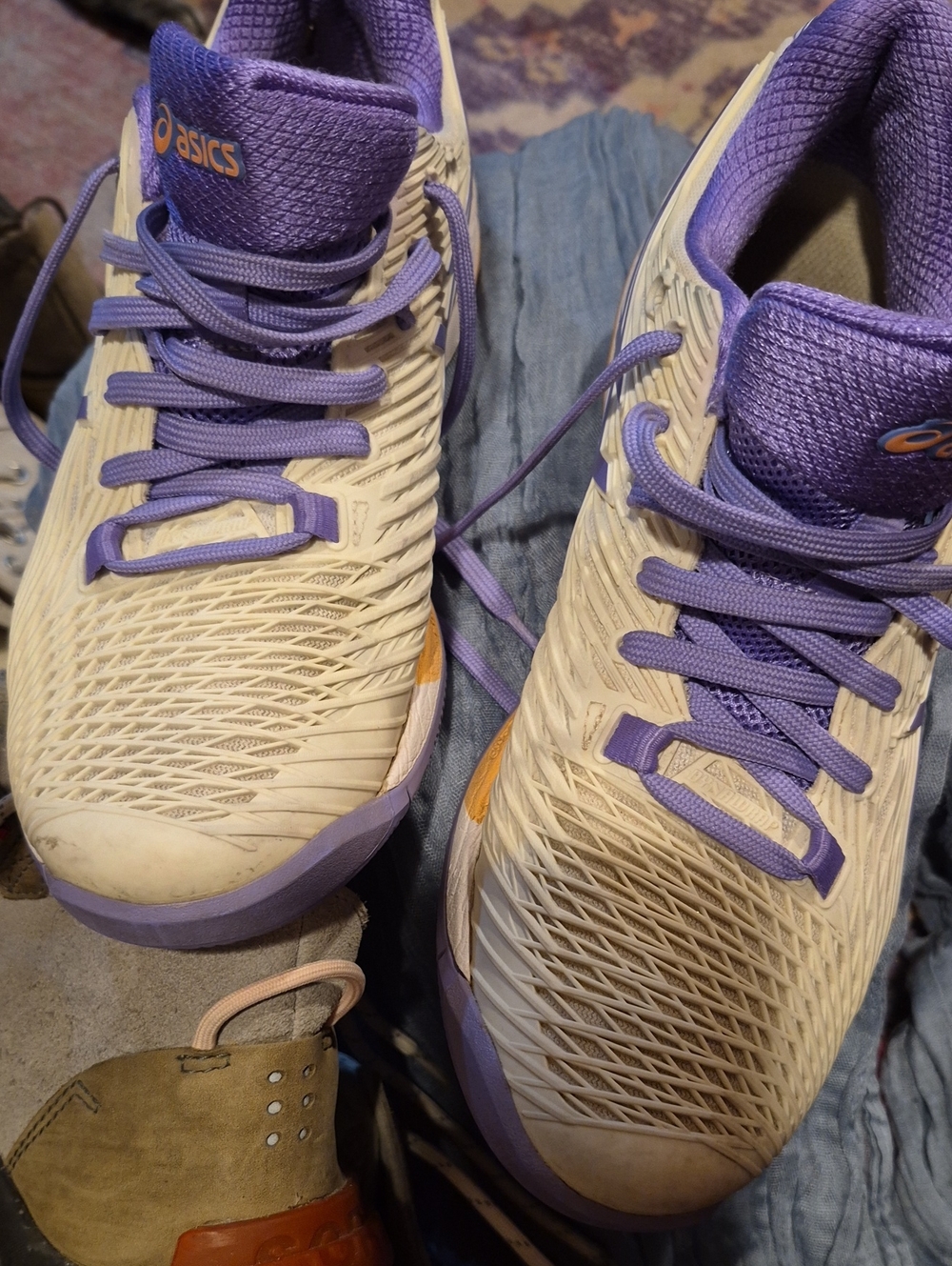 ASICS White and Purple Women's Athletic Shoes with Orange Accents